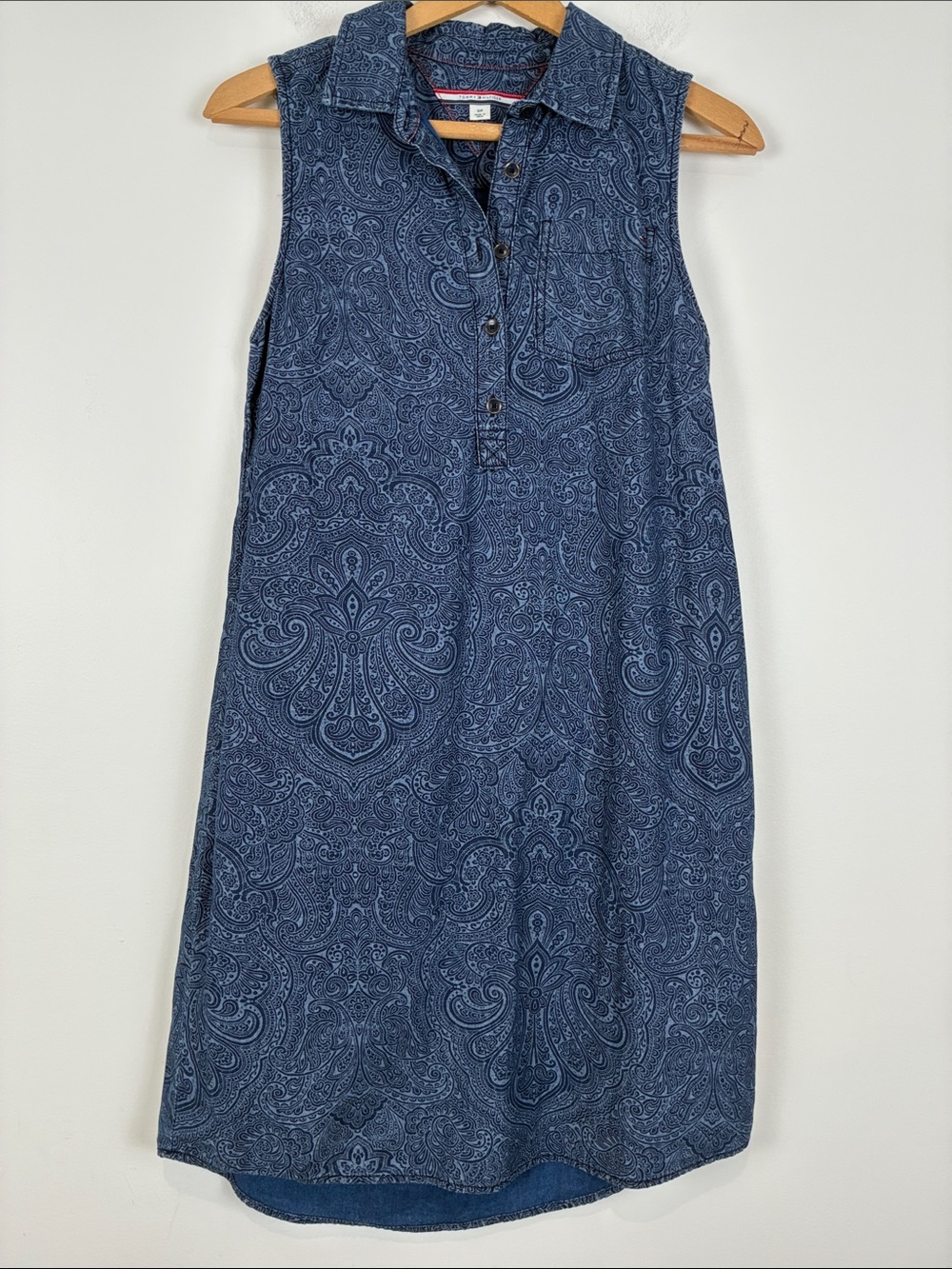 Tommy Hilfiger Women’s Small Navy Blue Paisley Button-Front Dress Collar Preppy